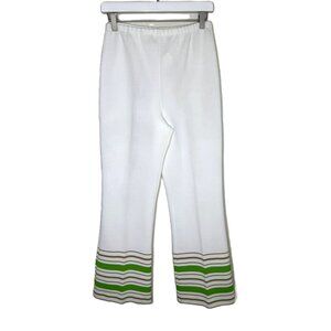 Vintage 70s Sears Women's White Polyester Bell Bottom Pants, Green Stripes